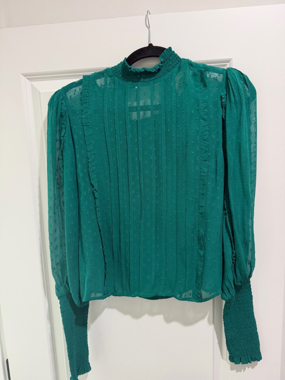 FARM Rio Emerald Swiss Dot Ruffle Mock-Neck Blouse